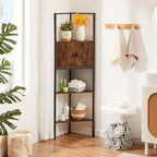 VECELO 4 Tier Corner Cabinet, 59" Tall Standing Organizer with 4 Dual-Hooks, Rustic Brown Storage Rack, Narrow Bookshelf Display Shelves Rack for Wall Corner, Living Room, Kitchen, Bedroom, Office