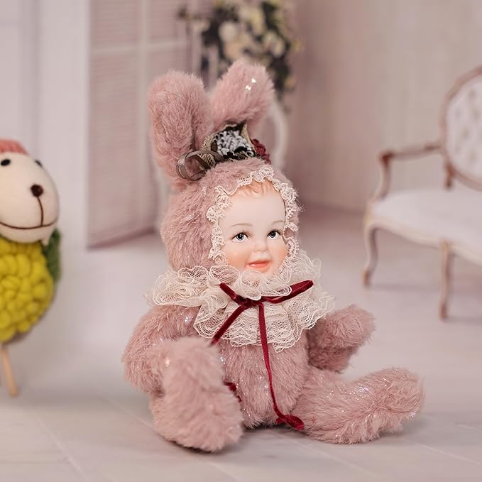 8 Inch Rabbit Hand-Painted Porcelain Face Doll with Plush ＆ Acrylic Cotton Body, Mini Kawaii High-Color Makeup Ceramic Doll for Room Decor, Birthday Gifts, Collectible，Name Jade