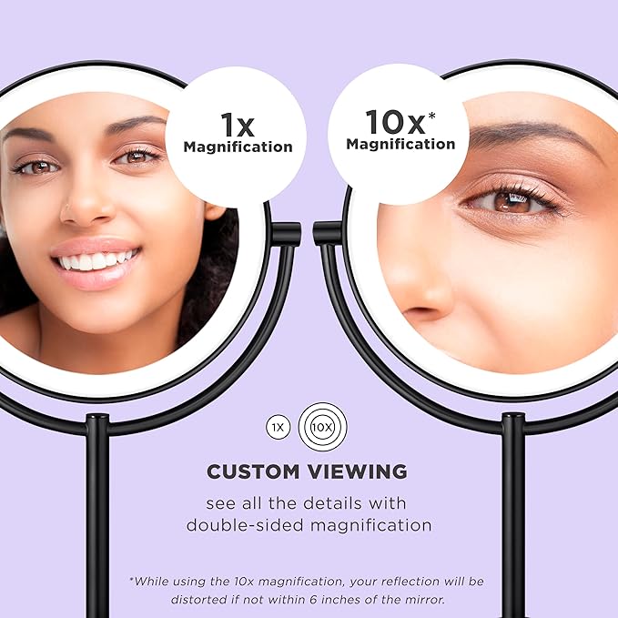 Conair Lighted Makeup Mirror, Double-Sided LED Vanity Mirror with 1X/10X Magnification, 3 Light Settings, 3 Modes, 360° Rotation, Matte Black Finish