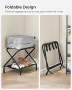 SONGMICS Luggage Racks, Set of 2, Suitcase Stand with Fabric Storage Shelf, for Guest Room, Bedroom, Hotel, Foldable Steel Frame, Holds up to 110 lb, 27.2 x 15 x 20.5 Inches, Black URLR002B02