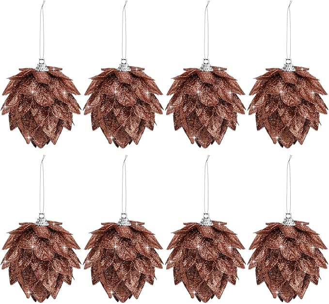 Jetec 8 Pieces Christmas Ornaments Glitter Christmas Tree Hanging Decoration Decorative Artificial Pine Cones Flowers Hanging Ornaments for Winter Wreath Holiday Decor(Brown Gold Color)
