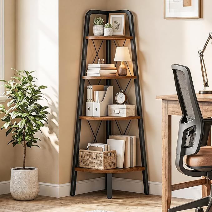 HOOBRO Corner Shelf, 4-Tier Corner Shelf Stand, 53.5" Tall Ladder Bookshelf, Industrial Corner Display Shelf Plant Stand for Living Room, Kitchen, Home Office, Rustic Brown BF144CJ01
