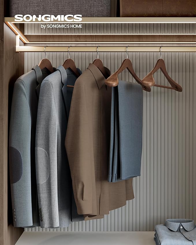 SONGMICS Extra Wide Wooden Suit Hangers, Set of 10 Clothes Hangers, Swivel Hooks, Non-Slip Bars, for Outfits, Suits, Coats, Shirts, Dresses, Walnut Color UCRW050KZ01