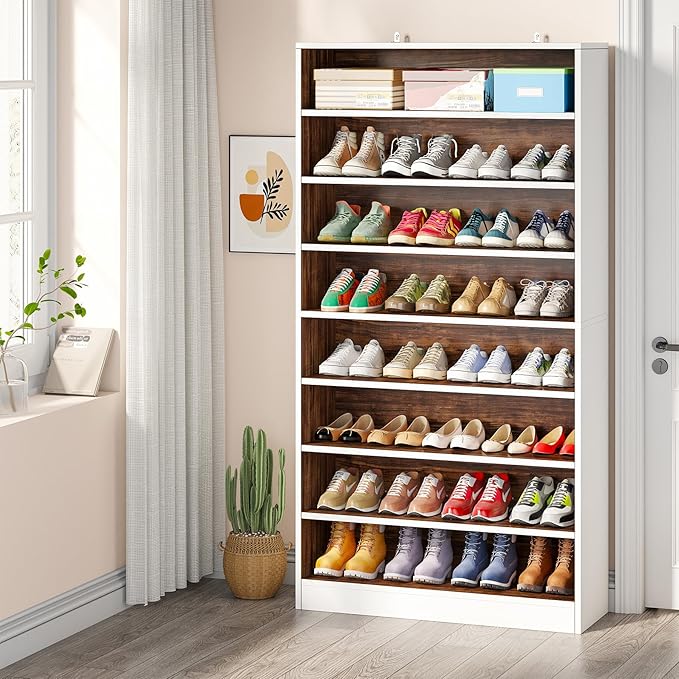 Tribesigns Tall Shoe Cabinet, 9 Tiers 40-45 Pairs Heavy Duty Wood Freestanding Shoe Storage Cabinet, 70.8'' Tall Shoe Cabinet with Open Storage for Entryway (1, White/Brown)