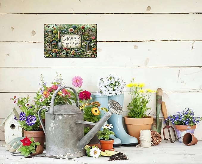 Bestylez Garden Gifts Vintage Gardening Signs Crazy Plant Lady Tin Sign for Home Garden Greenhouse Living Room Bedroom Yard Outdoor Decor 8X12 Inch (3359)