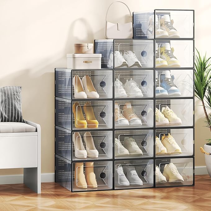 NEWBULIG 30 Clear Shoe Storage Boxes, Shoe Organizer for Closet with Lid, Plastic Stackable Breathable Shoe Cabinet with Lid for Sneakers, Heels & Boots, Black