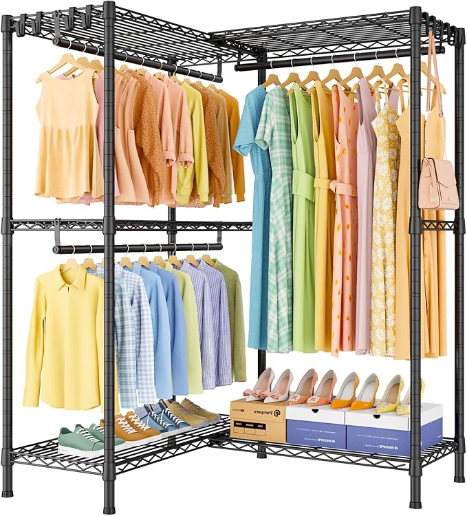 E15 Garment Rack L Shaped Clothes Rack for Corner，Freestanding Clothing Racks for Hanging Clothes，Heavy Duty Closet Organizer with 4 Hanging Rods & 8 S Hooks，43.4" W x 15.8" D x 78.4" H，Black