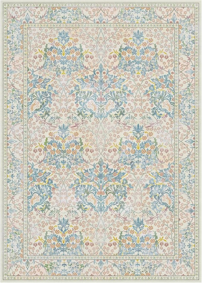 Lessymo Large Area Rugs 9x12 Living Room, Soft Washable Rug for Bedroom Dining Room Nursery Room Farmhouse, Boho Non Slip Low Plie Carpet Vintage Floral Forest Design, Beige Brown