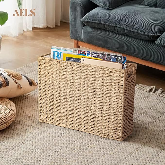 AELS Woven Natural Fibre Magazine Holder, Magazine Rack Floor, Hand-woven Magazine Organizer, Natural Paper Rope Magazine Basket with Handles, Boho Modern Farmhouse Book Basket, Newspaper Holder