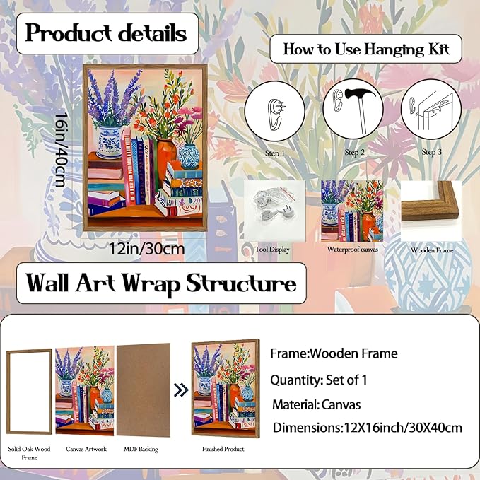 Vintage Floral Book Wall Art Color Book Still Life Wall Decor Painting Pictures Fashion Flower Bookshelf Poster Canvas Print Artwork for Bedroom Living Room 12x16 inch Wood Framed