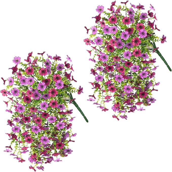 Artificial Hanging Flowers for Outdoors Spring Decoration, 2PCS Silk Fake Daisy Realistic Outdoor Flowers UV Resistant Porch Patio Window Yard Decor(Light Purple Red)