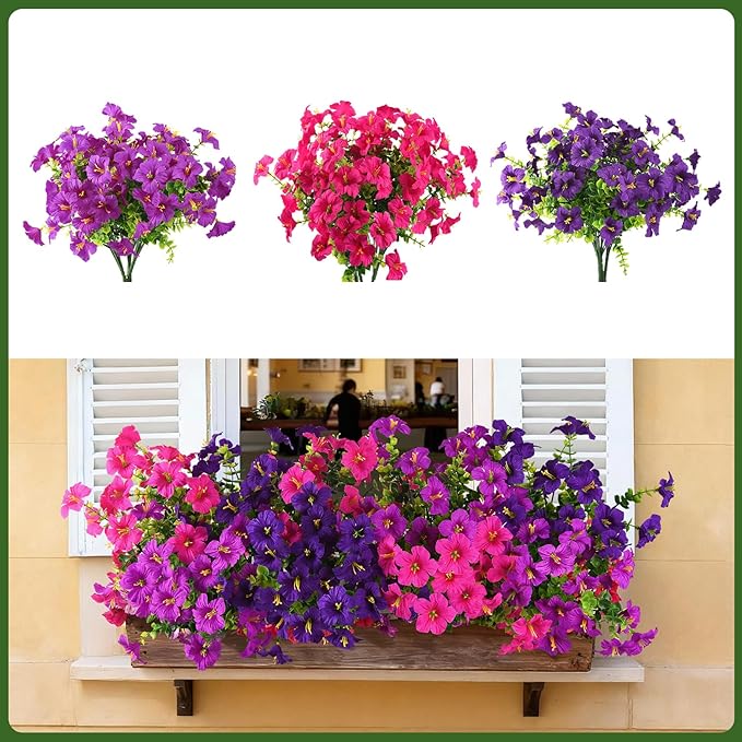 Artificial Fake Petunias Flowers for Outdoors Spring Decoration, 12 Bundles Faux Flower Plants UV Resistant Realistic Silk Flower for Outside Planters Patio Porch Yard Window Box (3 Mix Colors)