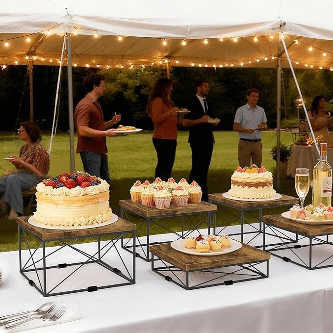 ELITEROO Buffet Risers, Wood Food Riser for Buffet Table, 3Pcs Dessert Table Display Set for Catering Supplies, Square Risers Display Stands for Wedding Party Decor, Rustic Brown, 8"x9"x10"