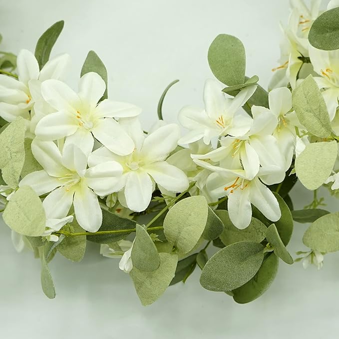 WreathDream 18'' Spring Wreath Summer Wreath for Front Door with Green Eucalyptus Leaves and White Cherry Blossoms for Home Outdoor Farmhouse Porch Wall Decoration, White Gift Box Included