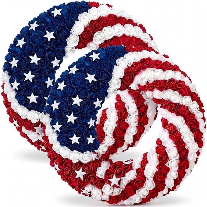 2 Pcs 18 Inch Patriotic Wreath for Front Door 4th of July Wreath Red White Blue Rose Front Door Decor Independence Memorial Artificial Rose Wreaths for 250th Anniversary Porch Wall Indoor Outdoor