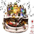 MUMTOP Christmas Village House Decoration, Colourful LED Lights Light Up Bell Tower and Buildings, Rotating Christmas Trees with Music for Indoor Holiday Xmas Tabletop Decor