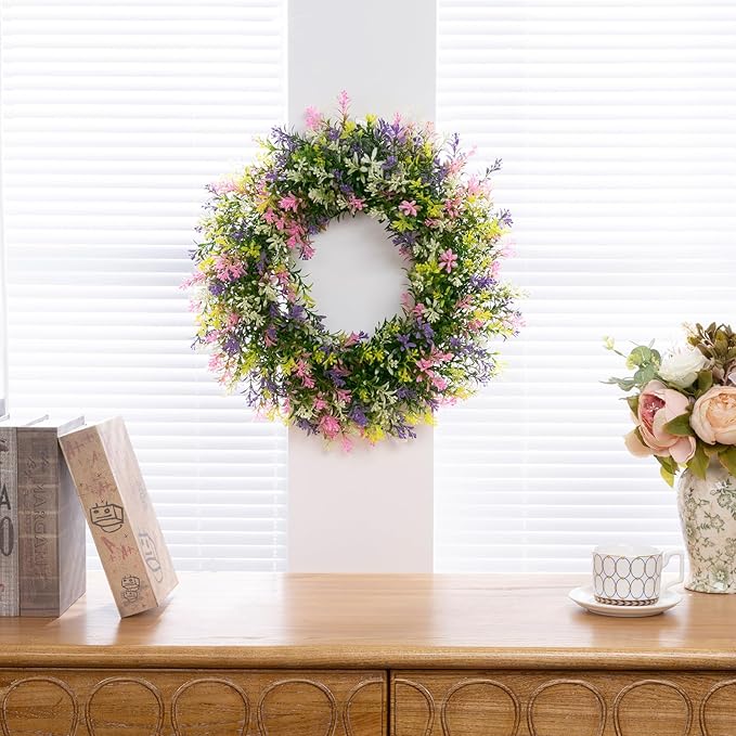 U'Artlines 17" Spring Summer Wreath for Door Green Boxwood Wreath Greenery Hanging Garland for Home Wedding Wall Window Decoration Colorful