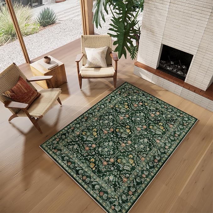 Vintage Botanical Dark Green Area Rug 4x6 Elegant Floral Pattern, Durable Stain-Resistant Fabric, Perfect for Living Room, Bedroom, Dining Room Decor