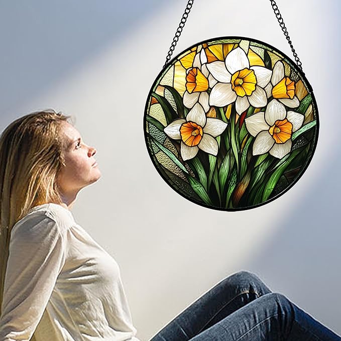 Stained Glass Window Hanging, Yellow and White Daffodils Sun Catcher for Door Home Decor Plants Flowers Suncatcher Christmas Mother's Day Birthday Gifts for Women Men Mom Nana 7.8 in