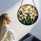 Stained Glass Window Hanging, Yellow and White Daffodils Sun Catcher for Door Home Decor Plants Flowers Suncatcher Christmas Mother's Day Birthday Gifts for Women Men Mom Nana 9.8 in