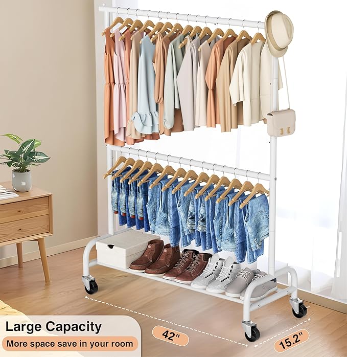 MISSLO Heavy Duty Clothing Racks for Hanging Clothes Rack Double Rod Garment Rack Rolling Closet Wardrobe Rack on Wheels, Metal, Adjustable, White