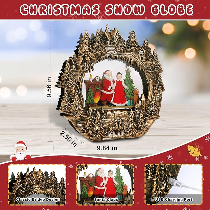 Christmas Snow Globe Lantern Water Glittering Lantern with Santa Claus 8 Music Songs & 6H Timer Christmas Snow Globes USB & Battery Operated for Christmas Festival Decorations Gifts (Bridge-Santa)