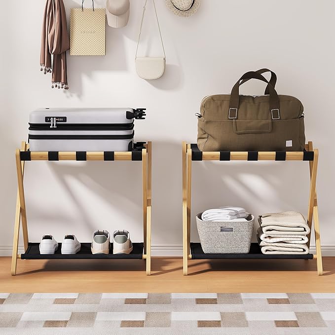 26.77" Full Assembled Luggage Rack for Guest Room, Set of 1 Bamboo Foldable Suitcase Stand, Bedroom & Hotel, Folding Luggage Holder with 5 Nylon Straps, 600D Oxford Fabric Shelf Natural Wood