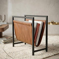 Modern Magazine Rack for Living Room and Office | Freestanding Metal and Leather Magazine Holder | Contemporary Storage Organizer for Books, Newspapers | Minimalist Home and Lounge Decor (Brown)