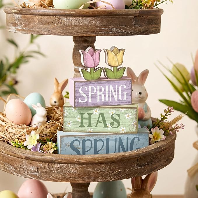 Moucuny 4 Pcs Spring Table Decorations Wooden Stacked Block Sign with Tulip Decor - "spring Has Sprung" Centerpiece Rustic Easter Tiered Tray Decorations Flower Signs for Home Kitchen Tabletop Mantel