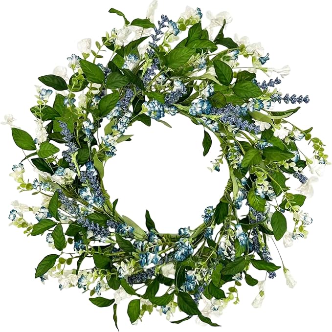 22 Inch Blue & White Floral Wreaths for Front Door, Spring Summer Floral Wreath with Pink Sash, Farmhouse Wreath for Porch, Wall, Window, Indoor Outdoor Home Decor