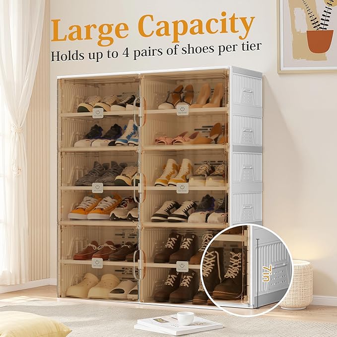 Foldable Shoe Rack Organizer for Entryway with Clear Magnetic Doors - Large Capacity Shoe Cabinet for Boots, Sneakers & All Shoes, Easy Assembly, White 6-Tier 24 Pairs