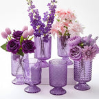 6 Pcs (H:7" W:4") Embossed Flower Vase Pedestal Glass Vase Big Base Thickened Crystal Vintage Vases for Valentines Day Wedding Home Decor Table Centerpiece House Warming Gifts(Purple)