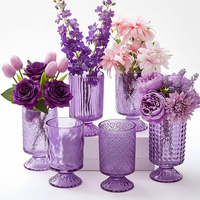 6 Pcs (H:7" W:4") Embossed Flower Vase Pedestal Glass Vase Big Base Thickened Crystal Vintage Vases for Valentines Day Wedding Home Decor Table Centerpiece House Warming Gifts(Purple)