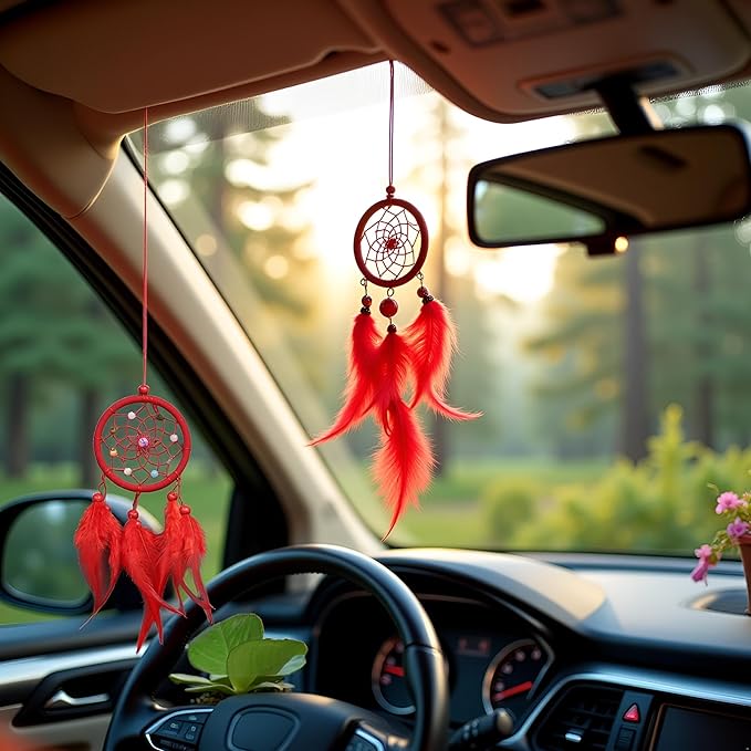 Red Small Dream Catcher with Feathers Wall Hanging Ornament Indian Style Decoration Wind Chimes for Car Home Wall Decor Home and Kitchen