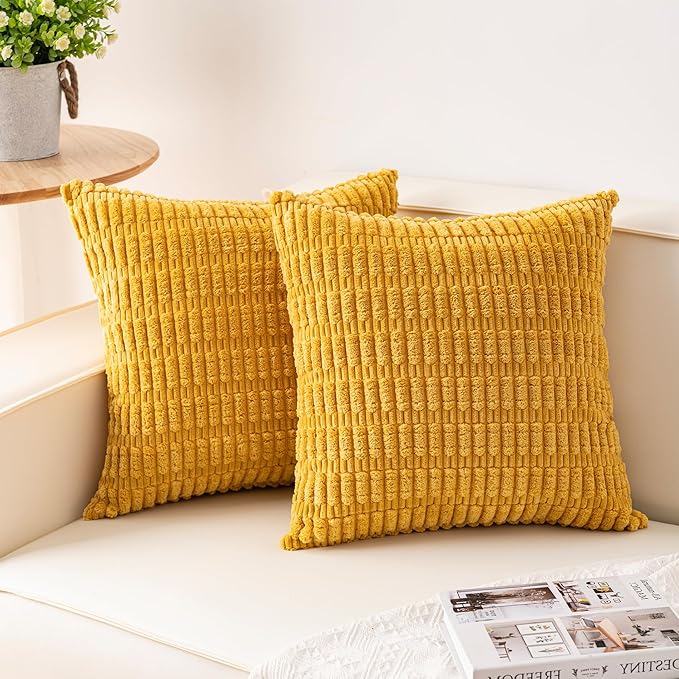 Aegero Pack of 2 Corduroy Decorative Throw Pillow Covers 20x20 InchSoft Boho Striped Pillow Covers Modern Farmhouse Home Decor for Sofa Living Room Couch Bed（Yellow）