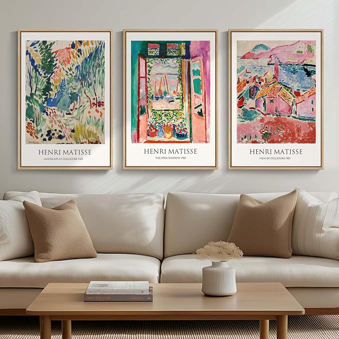 Framed Vintage Matisse Wall Art, Large Set of 3 Piece Colorful Canvas Artwork for Walls, Matisse Retro Landscape Paintings Prints Pictures for Living Room Bedroom Hallway Office Wall Decor 16x24