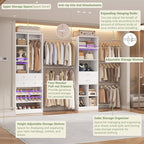 Closet System, Up to 128.6"/10.7 FT Closet Organizer with 4 Wooden Drawers and Shelves, Walk-in Closet System with 6 Hanging Rods, Built-in Closet Can Fit 96"/8FT, 120"/10FT, White
