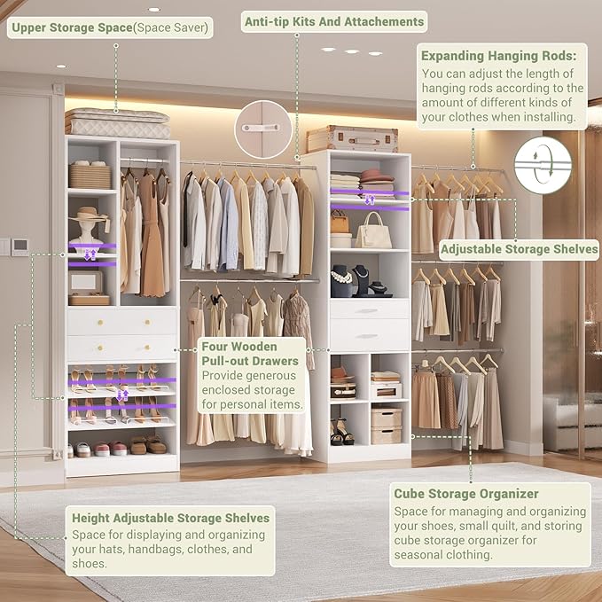 Closet System, Up to 128.6"/10.7 FT Closet Organizer with 4 Wooden Drawers and Shelves, Walk-in Closet System with 6 Hanging Rods, Built-in Closet Can Fit 96"/8FT, 120"/10FT, White