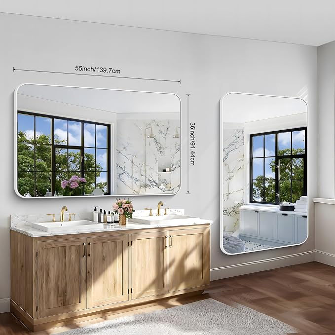 BONEWEI White Bathroom Mirror,55x36 inch Wall Mirror for Bathroom Wall Mounted,Rectangle Mirror for Bathroom Over Sink,Modern Frame Round Corner for Living Room,Bedroom Entryway,Horizontal/Vertical