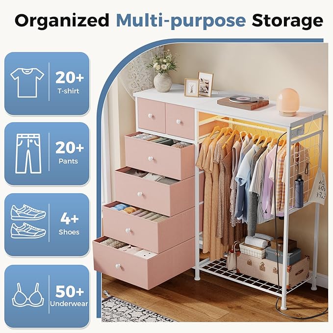 OLIXIS 6 Storage for Bedroom with Hanging Rack with LED Lights & Charging Station, Fabric Chest of Storage with Rack, Wooden Top, for Home Living Room Entryway Pink