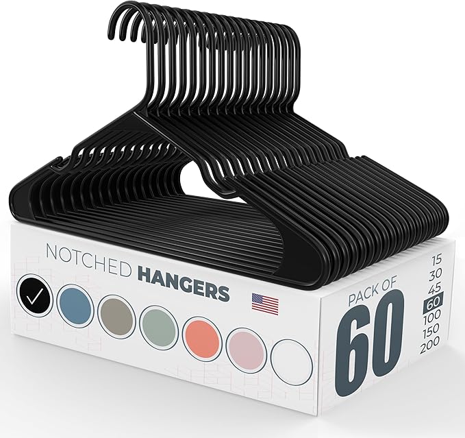 Neaties Plastic Hangers 50 Pack (60 Count) – Made in The USA – 6lb Capacity Standard Clothes Hangers with Notches and Reinforced Edges for Dresses, Lingerie, Shirts, Pants, and Jackets – Black
