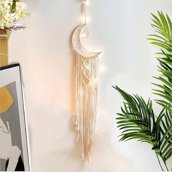 Dream Catcher with LED String Lights Handmade Boho Macrame Wall Hanging Photo Display Woven Decoration Ornament with Photo Clips for Room Wedding Home Decor (Moon)