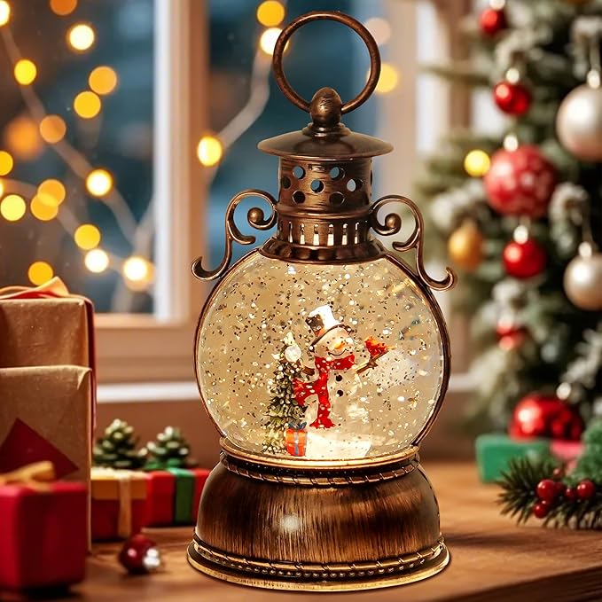 Christmas Snow Globe Lantern Water Glittering Snowman Scene with Music & Timer, USB Lined/Battery Operated Lighted Water Lantern for Christmas Festival Decoration Gifts