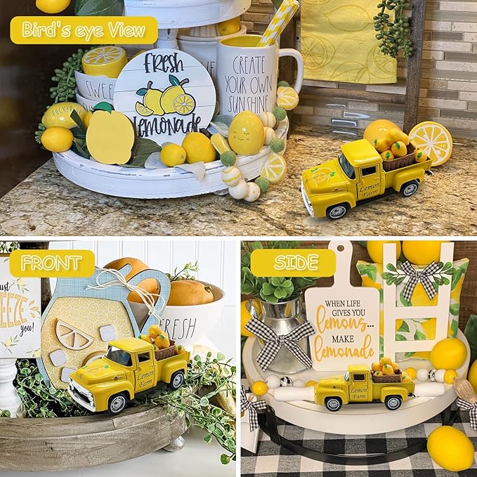 Lemon Truck Decor, Farmhouse Yellow Pickup Truck with Lemons, Tiered Tray Tabletop Decoration, Summer Lemon Kitchen Shelf Decor, Rustic Vintage Home Accent