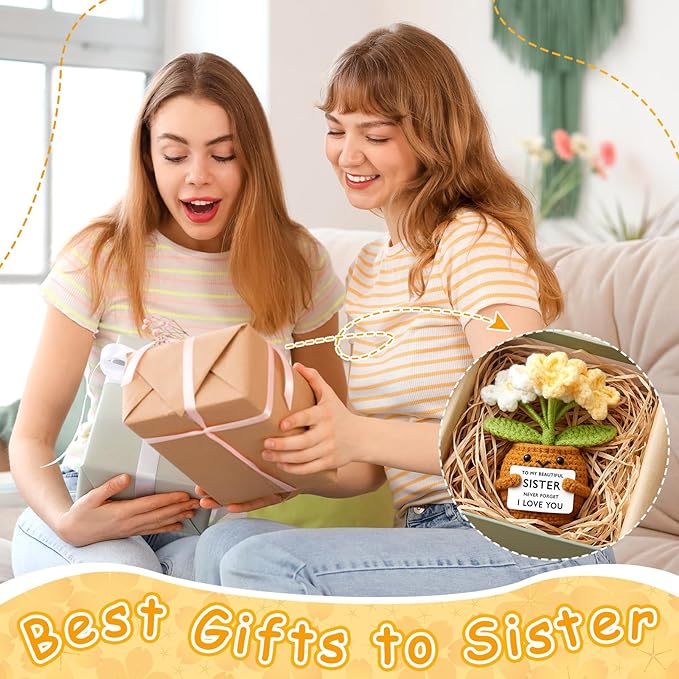 Wavwavw Sister Gifts Handmade Crochet Doll with Card Crochet Present for Sisters Sis Big Little Sister Birthday Wedding Home Decor(Yellow Myosotis)