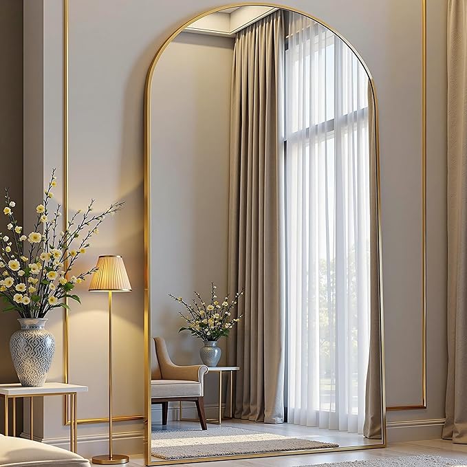 Prywot Arched Floor Mirror, 76 "x 34" Full Length Mirror Wall Mirrors Hanging or Leaning Arched-Top Full Body Mirrors with Stand for Bedroom, Dressing Room, Gold