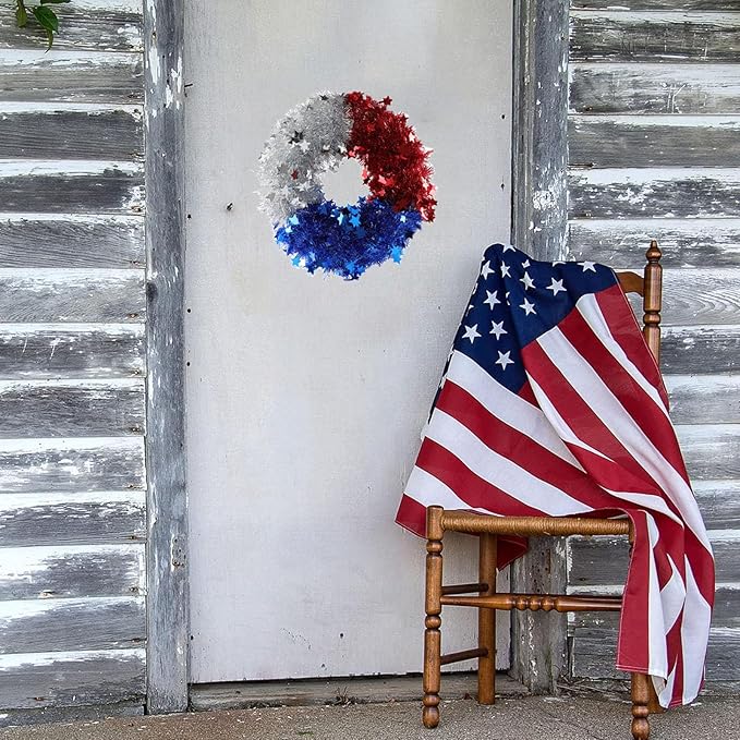 Patriotic Wreath for Front Door Red White Blue Wreath 4th of July Wreaths for Door Wall Memorial Day Decor Independence Day Hanging Decoration for Outside Home Farmhouse Holiday (Shiny B)