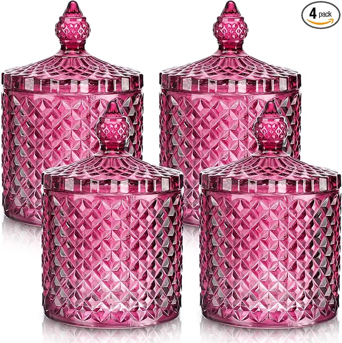Aoriher 4 Pcs Crystal Glass Candy Jar Set with Lids Home Decorative Storage Jars for Apothecary, Bathroom, Kitchen, and Pantry, Ideal for Cotton Swabs and Jewelry(Medium,Purple)