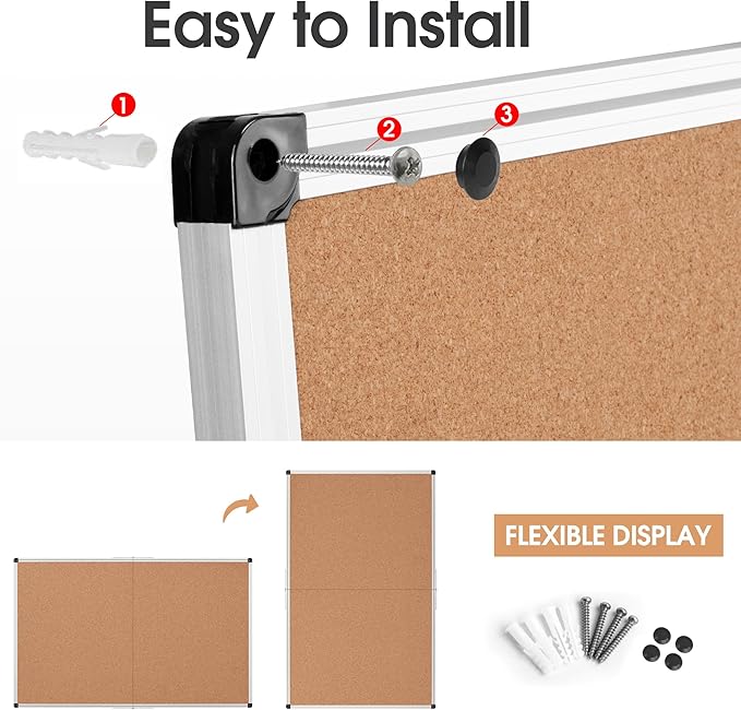Cork Board Bulletin Board 36 x 48, Silver Aluminium Framed 4x3 Corkboard, Foldable Office Board for Wall, Large Wall Mounted Notice Pin Board with 36 Push Pins for School, Home & Office