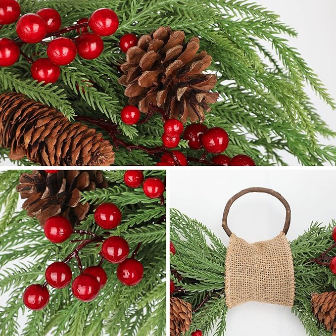 2PCS Artificial Christmas Swags with Norfolk Pine, Red Berries and Pinecones, 24" Christmas Thanksgiving Decorations for Front Door, Mantel, Staircase, Window, Xmas Décor